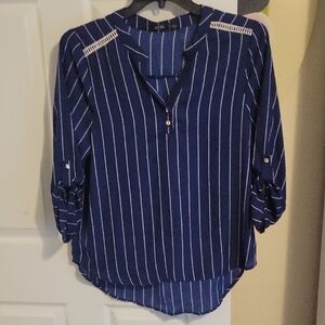 Cure SzLG Navy White Striped Blouse 1/4 button-up neck buttonup sleeve detail